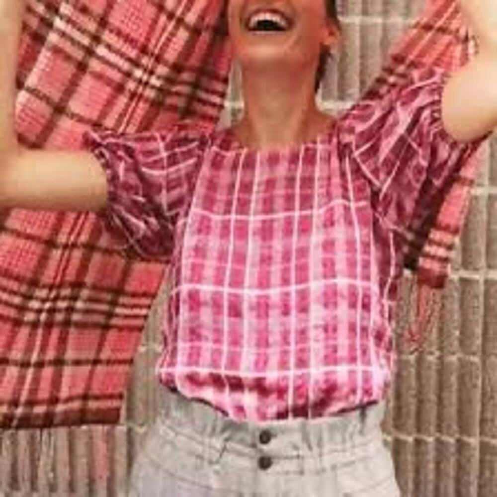 Madewell Fuchsia‎ Plaid Puff Sleeve Blouse Top - Size XS